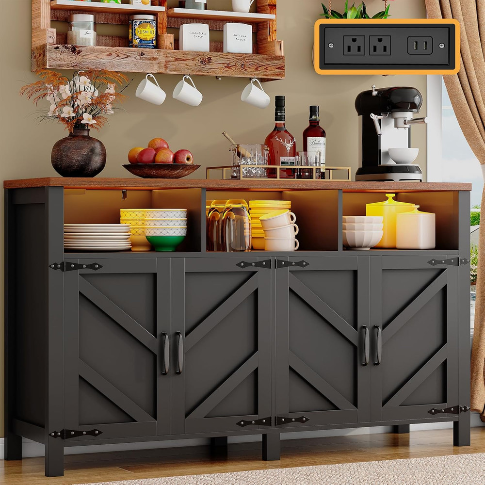 Buffet Sideboard with Storage with Power Outlets & LED Light 4 Doors, 55'' Large