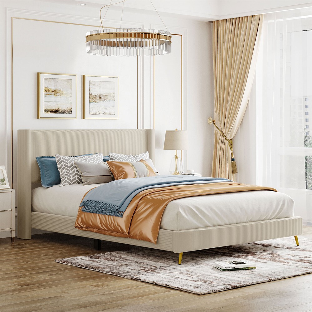 Queen Size Bed Frame Upholstered Platform Bed w/ Upholstered Headboard Beige