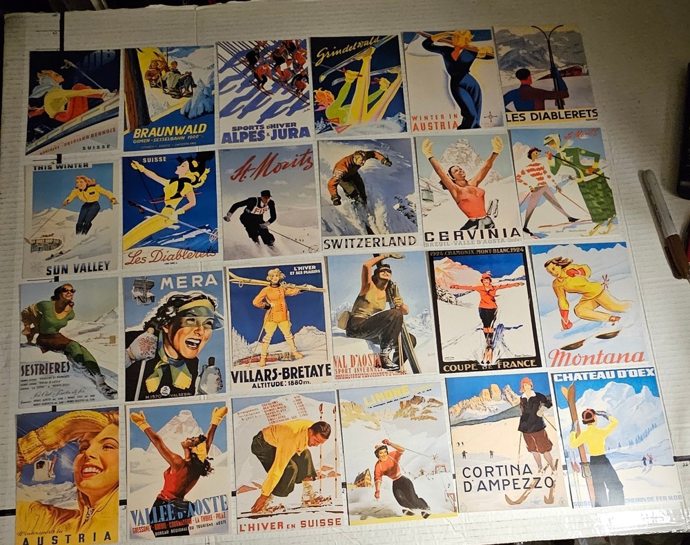 24 Different SKI RELATED RETRO POST CARDS.  MINT.