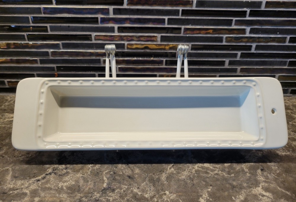 NORA FLEMING STONEWARE CRACKER TRAY 12" WHITE PEARL DOT RECTANGLE SERVING DISH