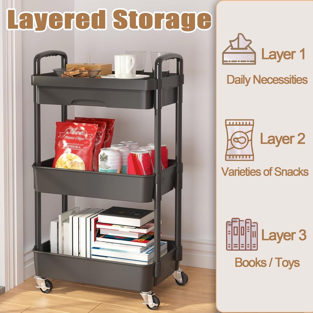 3Tier Storage Cart, Rolling Cart with Drawers Storage Organizer, Rolling Storage