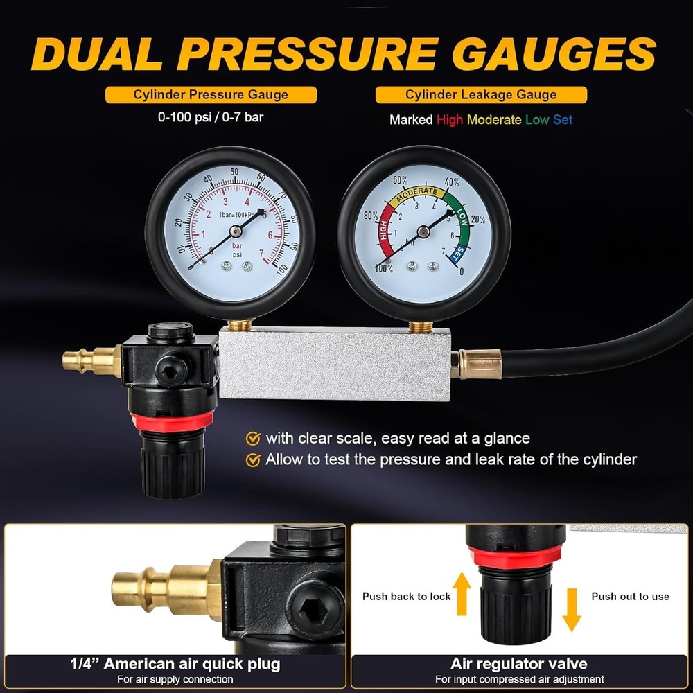 Cylinder Leak Down Tester, Gasoline Engine Compression Dual Gauge Leakdown De...