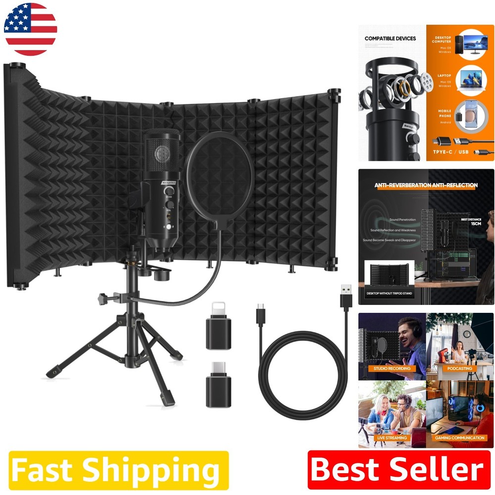 USB Studio Microphone Kit: Plug & Play Condenser Mic, Isolation Shield, Pop F...