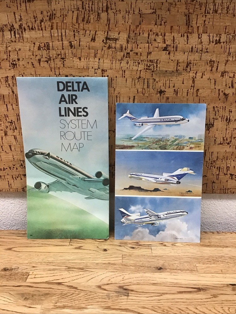 Vintage Delta Air Lines System Route Map With Postcard EUC A-3