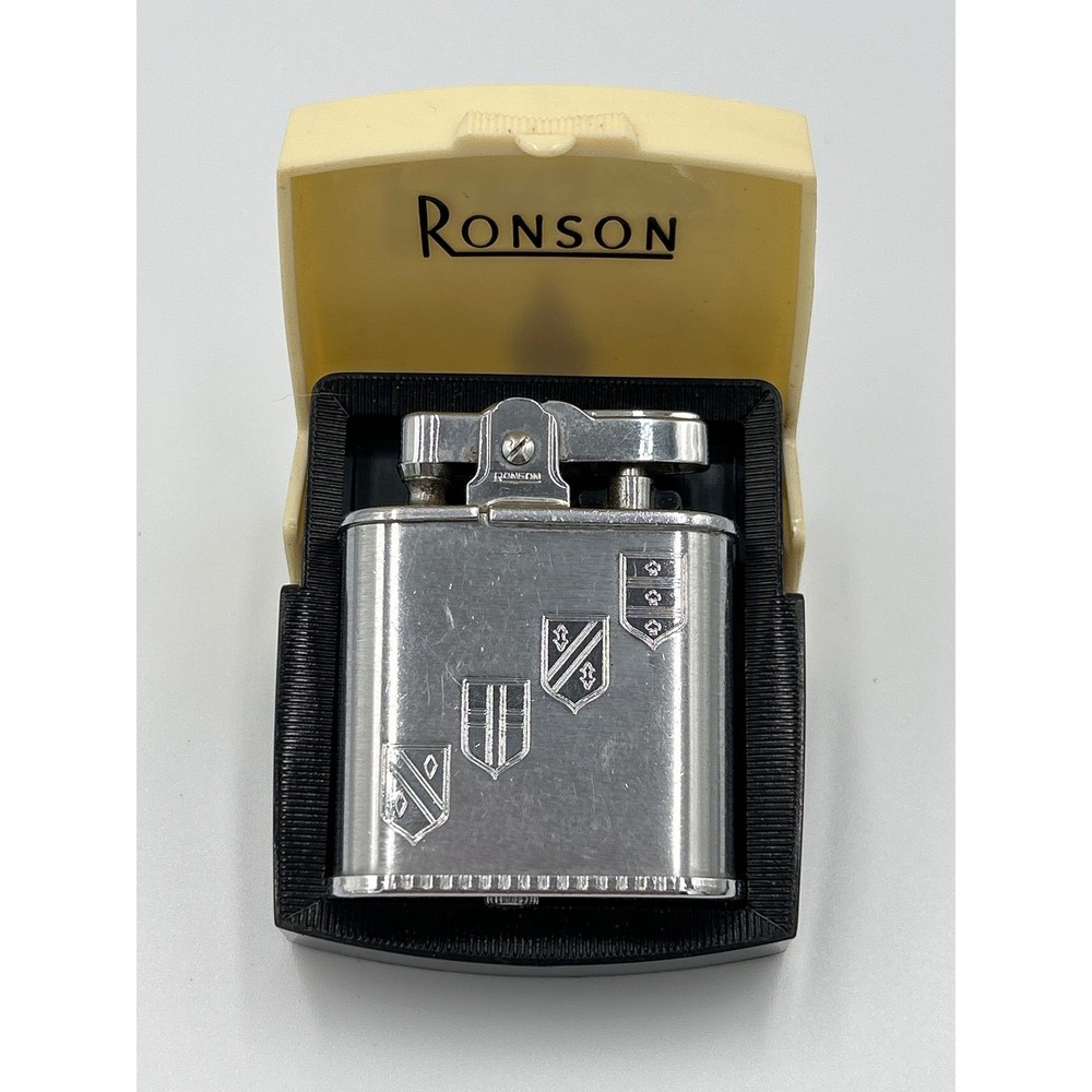 Vintage Ronson Standard Silver Tone Lighter Engraved Heraldic Crest with Case