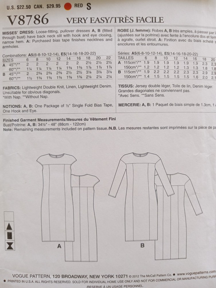 UC Dress Sewing Pattern Vogue Pullover Dress Pattern Hook Eye Closure V8786