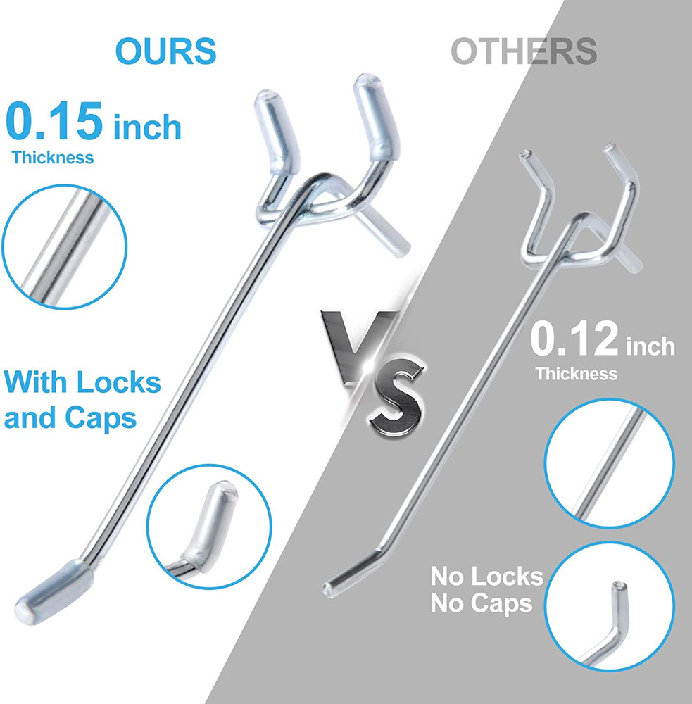 Pegboard Hooks, 2-Inch, 50 Pack Sturdy Hooks with 150 Peg Locks/Caps for 1/4 Inc