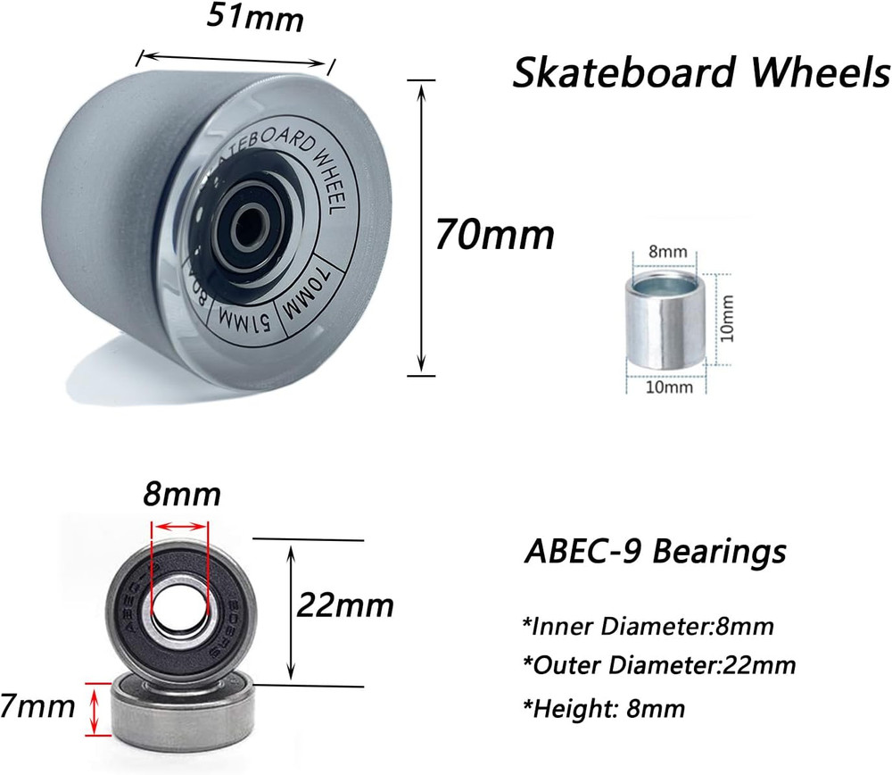 70mm Longboard Wheels 80A with ABEC-9 Bearings Riser Pads Hardware Kit