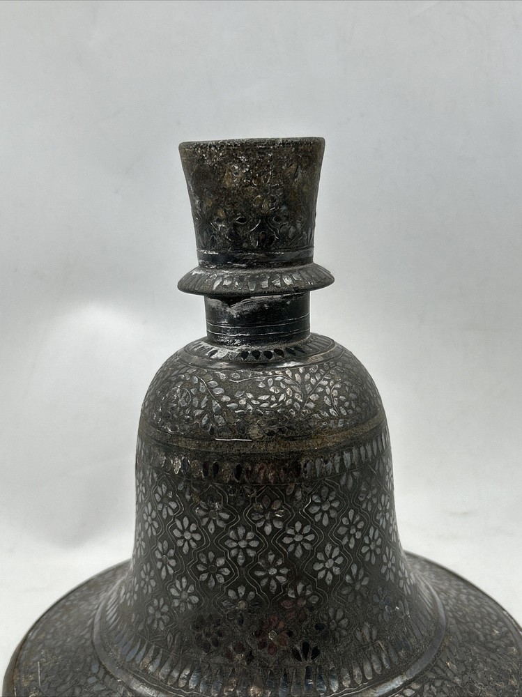 Antique Indian Silver Inlay Bidri Work Iron Hookah Base Pot