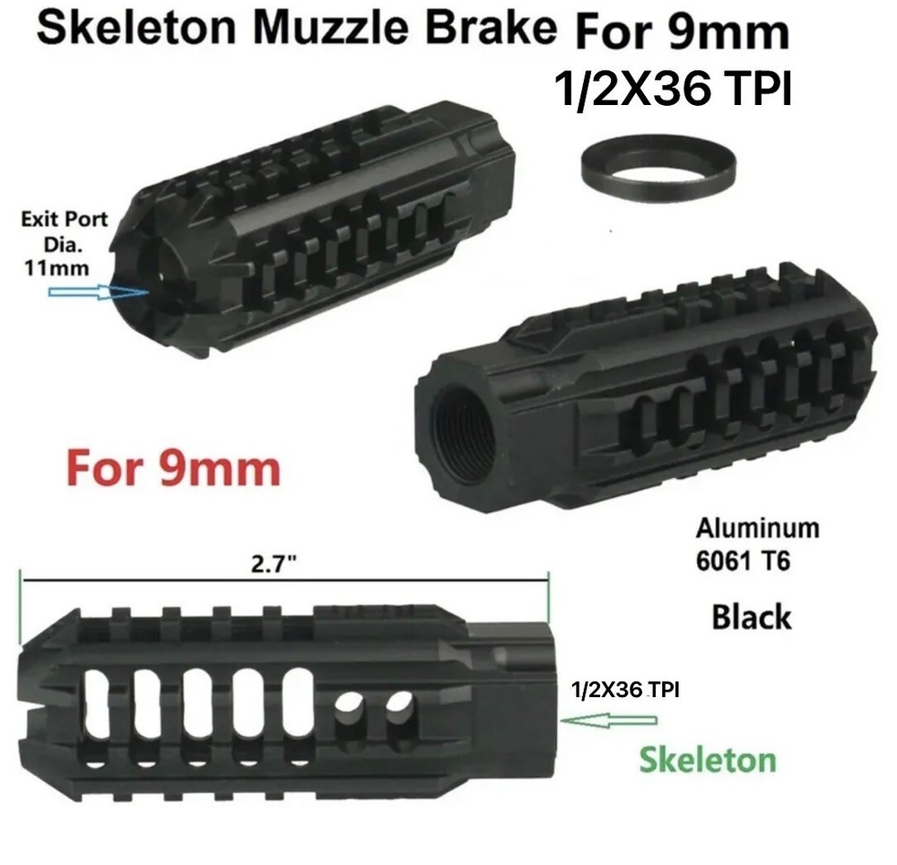 Aluminum Competition 1/2X36 TPI Thread Skeleton Muzzle Brake Compensator For 9MM