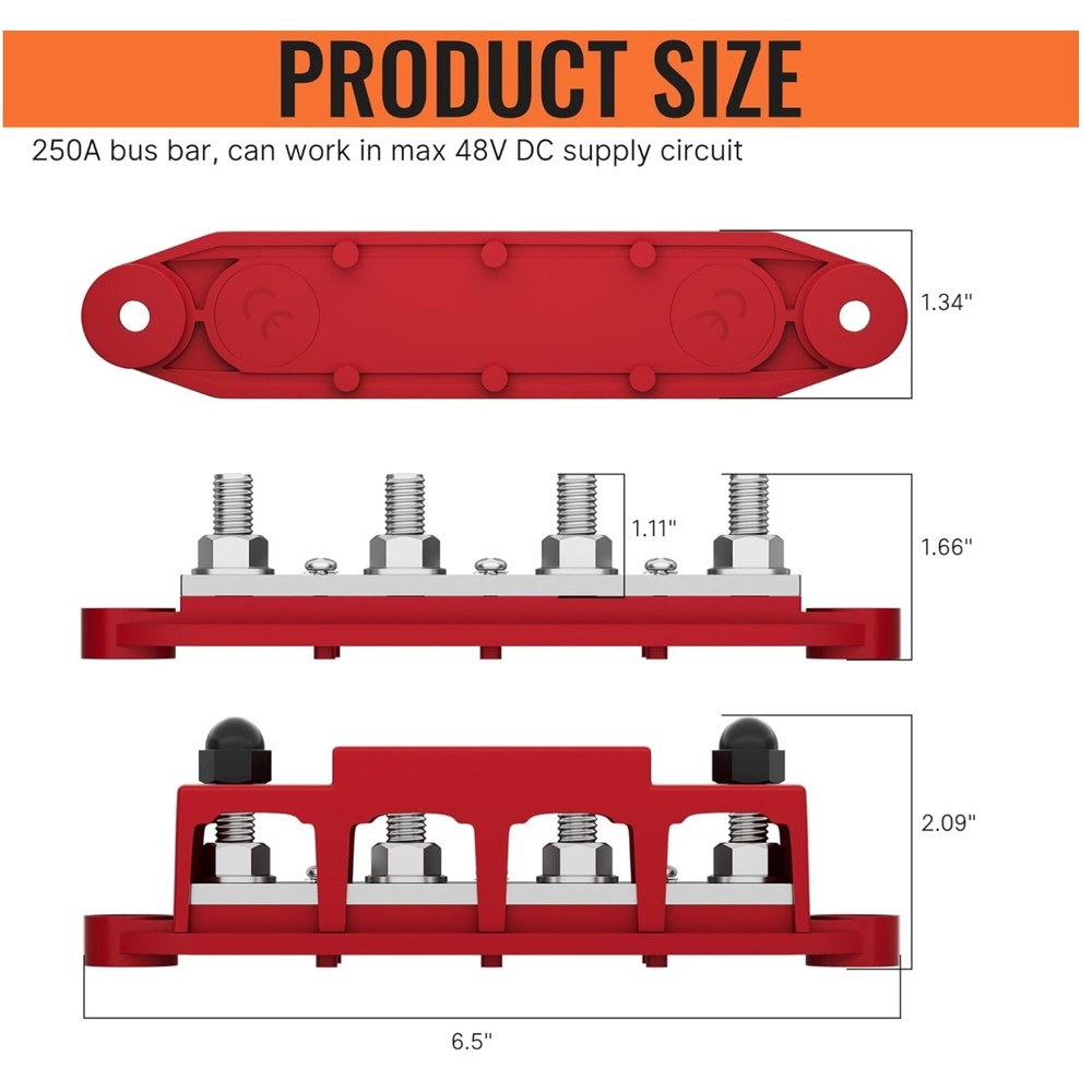 12V 250A Power Distribution Block Bus Bar with 4 Studs