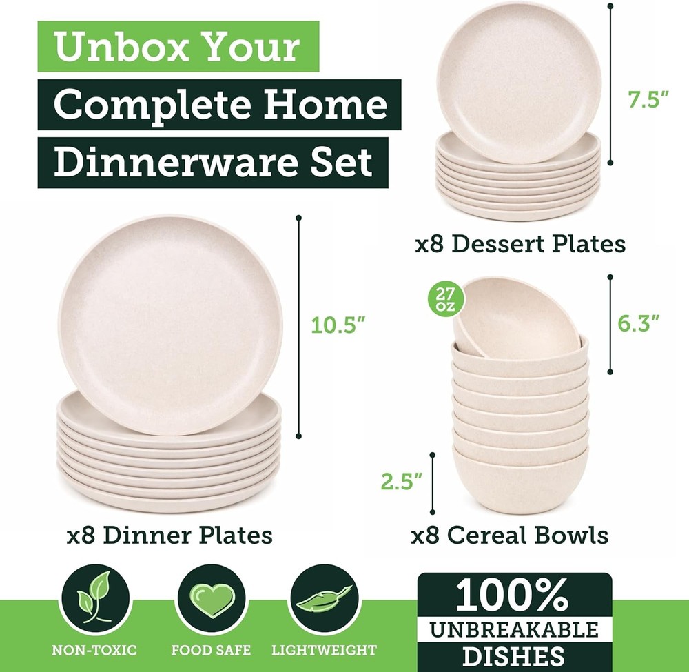Grow Forward 24-piece Premium Wheat Straw Dinnerware Sets for 8 - Unbreakable Di
