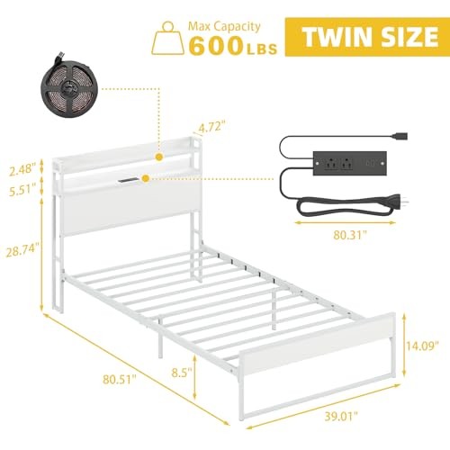 Bed Frames with Charging Station and LED Lights, Metal Bed Frame Twin White