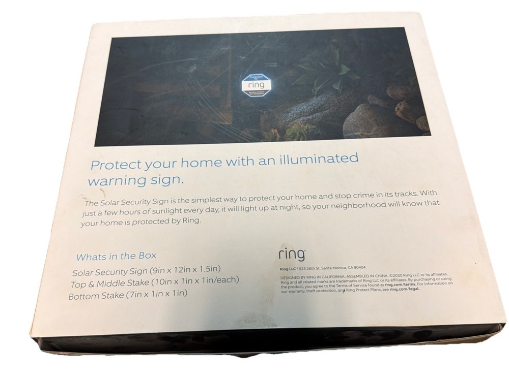 Ring Solar Security Sign Solar Powered Security Illuminated Sign New Open Box