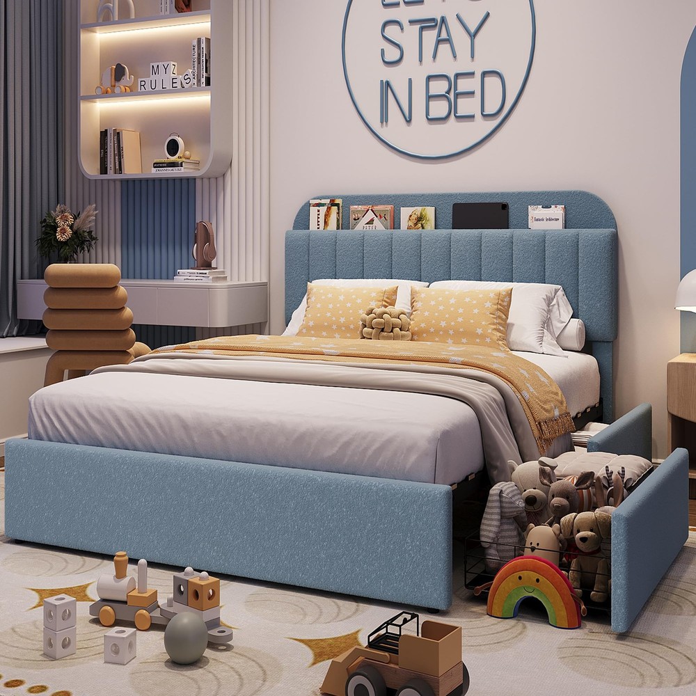 Full Size Upholstered Bed Frame & Headboard ,Boucle Platform Bed with 2 Drawers