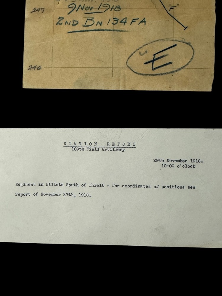 Rare WWI 134th Field Artillery Special Grouping Combat Overlay Map & Documents