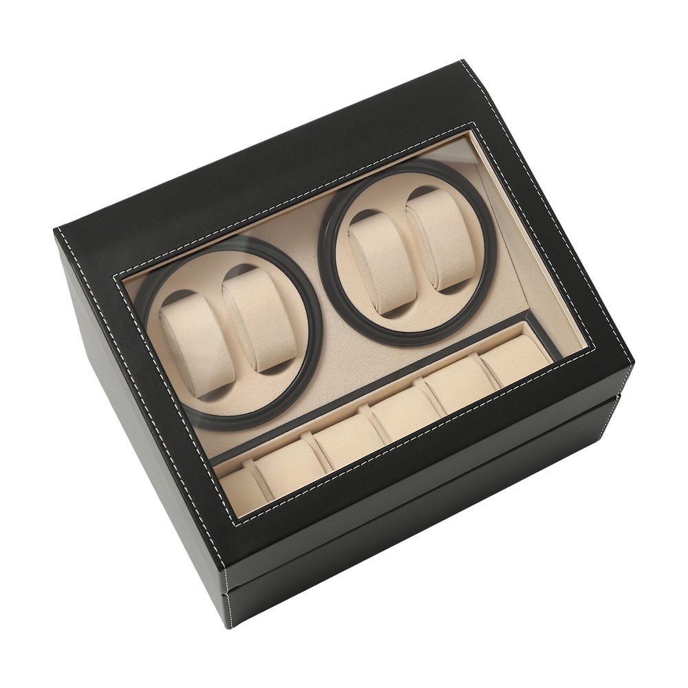 Luxurious 4+6 Automatic Rotation Leather Watch Winder Storage Display Box Black