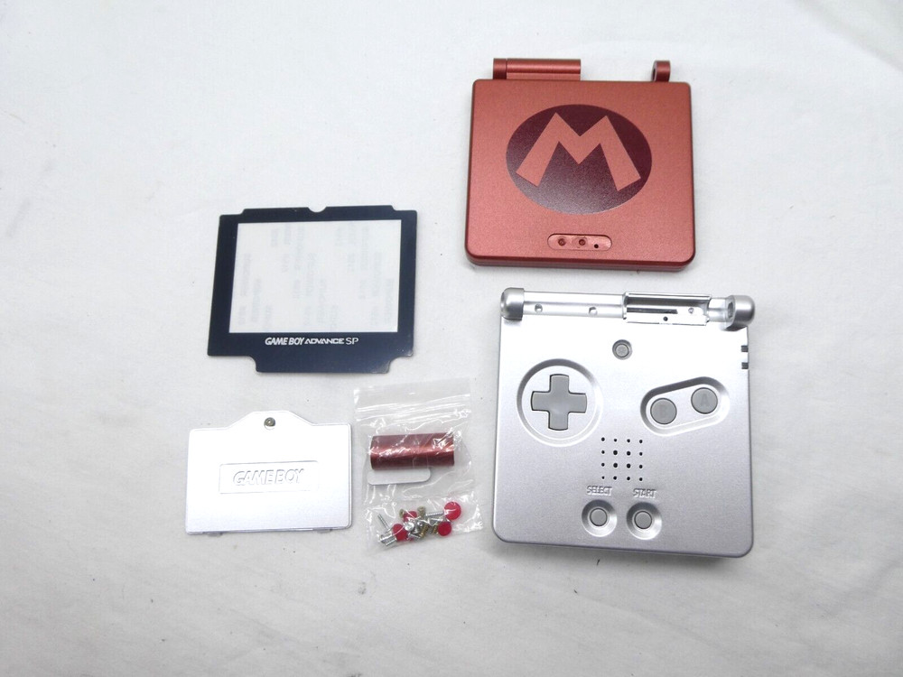 Gameboy Advance SP shell replacement Red/Silver Mario with new screen lens