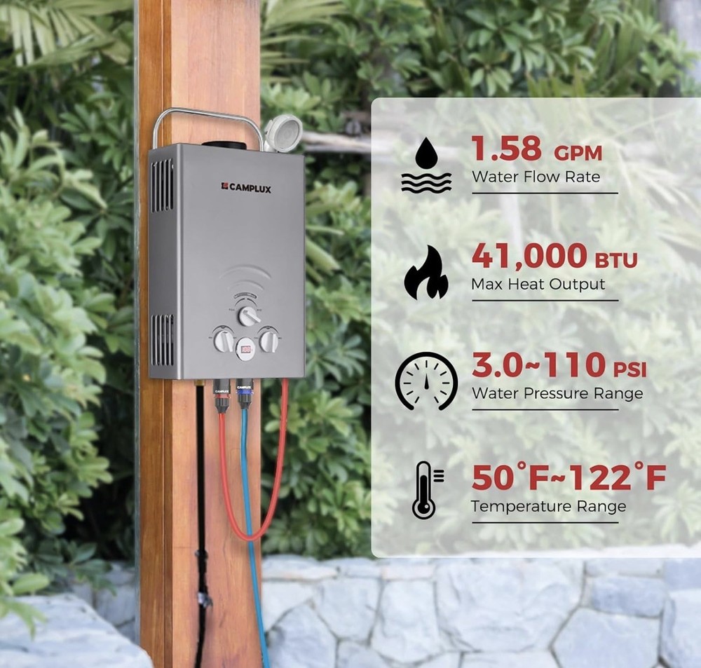 Camplux 6L Tankless Water Heater - BW158G - 1.58 GPM, 41,000 BTU - Gray