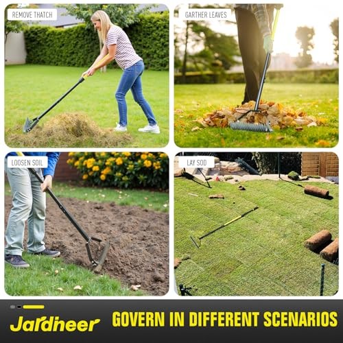 Thatch Rake for Lawns, 61.4" Long Handle Manual Dethatcher with Adjustable
