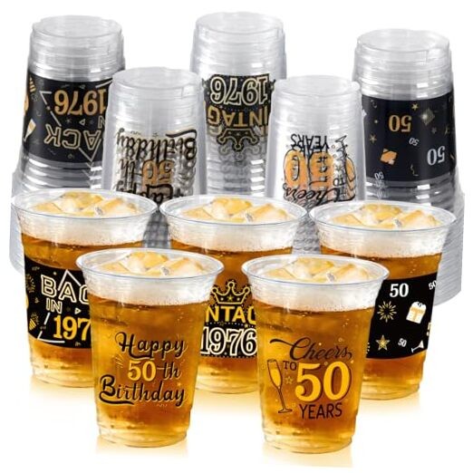 50 Pcs Birthday Party Plastic Cups Bulk, 16 Oz Black Gold Plastic Clear 50th