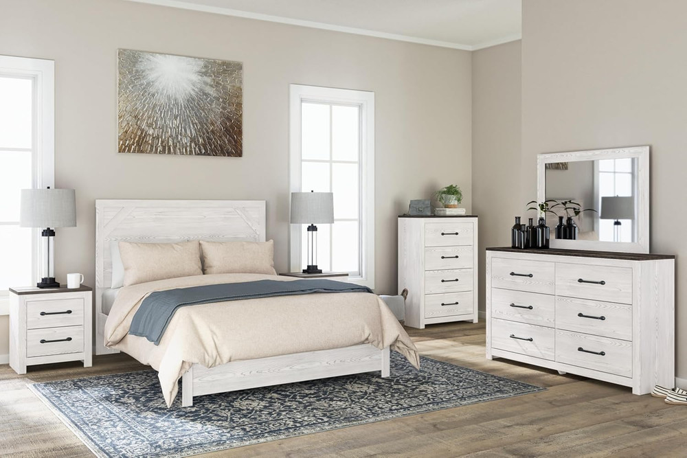 Gerridan Farmhouse Queen Panel Bed in White & Light Gray - No Box Spring Needed