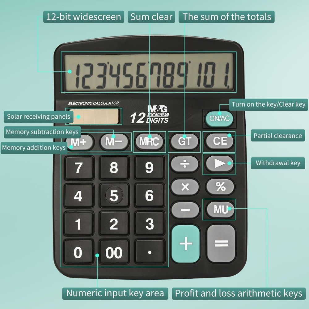 User-Friendly 12 Digit Solar & Battery Calculator with Large LCD & Big Buttons