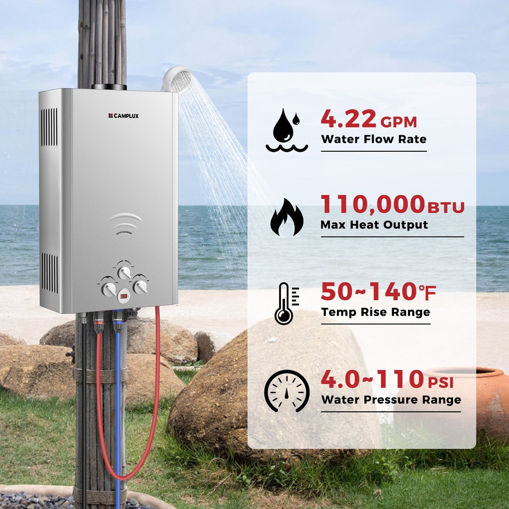 CAMPLUX 16L Tankless Gas Water Heater Instant Hot Outdoor Shower Camper Cabin RV