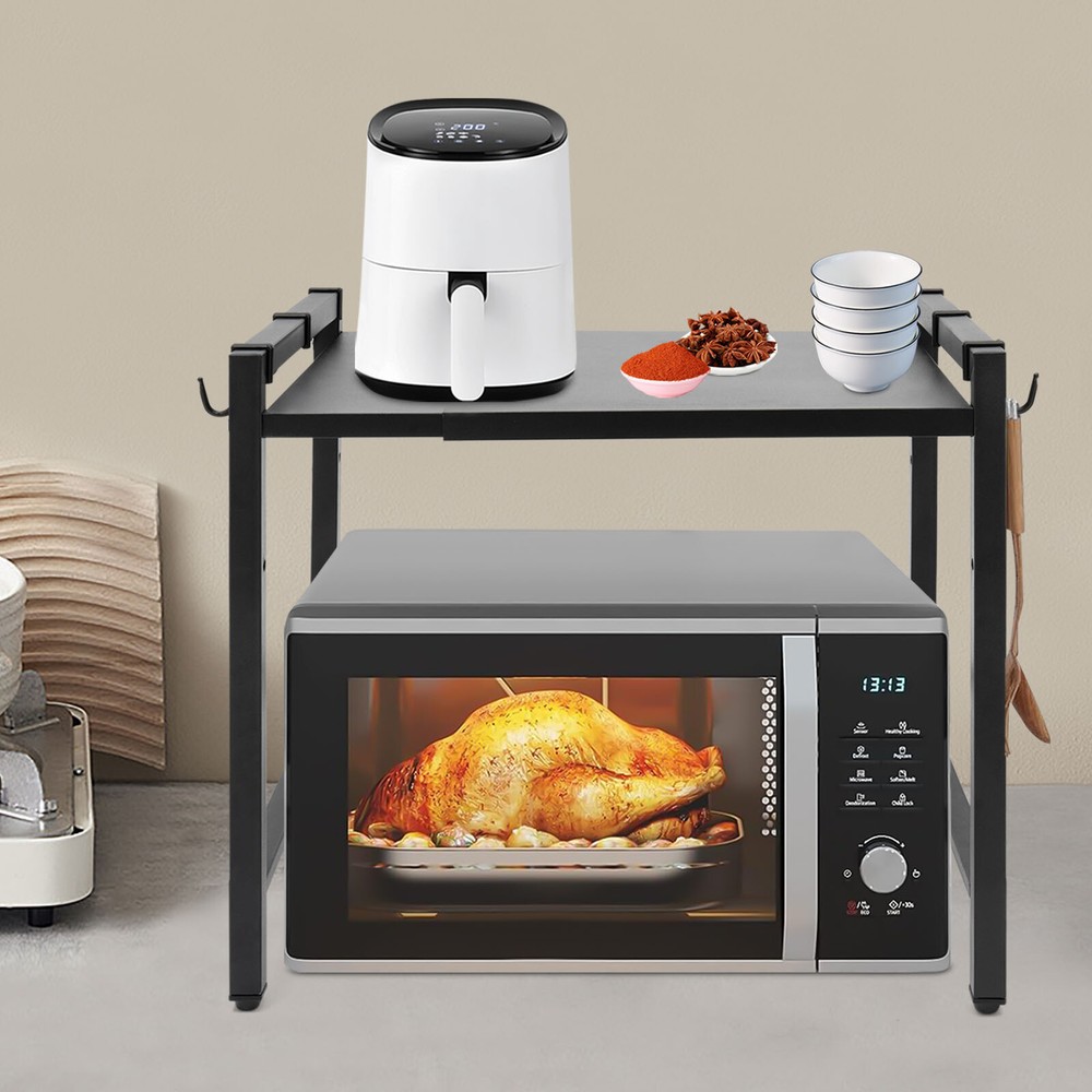 Adjustable Microwave Stand Black Oven Shelf Kitchen Countertop Organizer W/Hooks