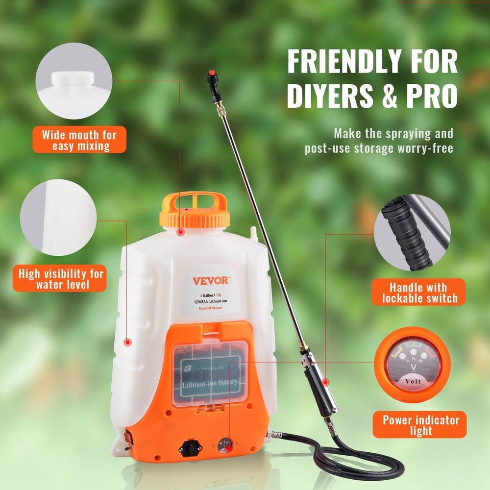 4 Gal Battery Powered Backpack Sprayer Adjustable Pressure Wands Nozzles Weeding