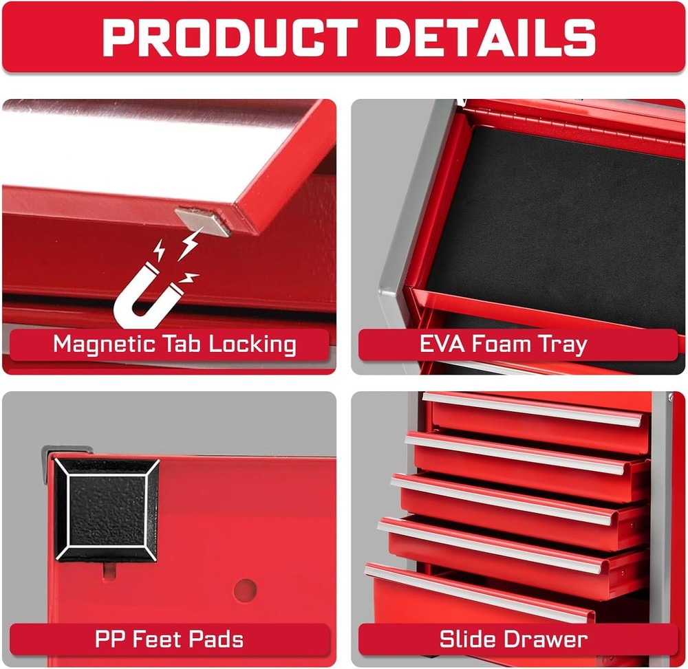 5-Drawer Rolling Red Tool Box Heavy Duty Micro Roll Cab Steel Stackable Tool