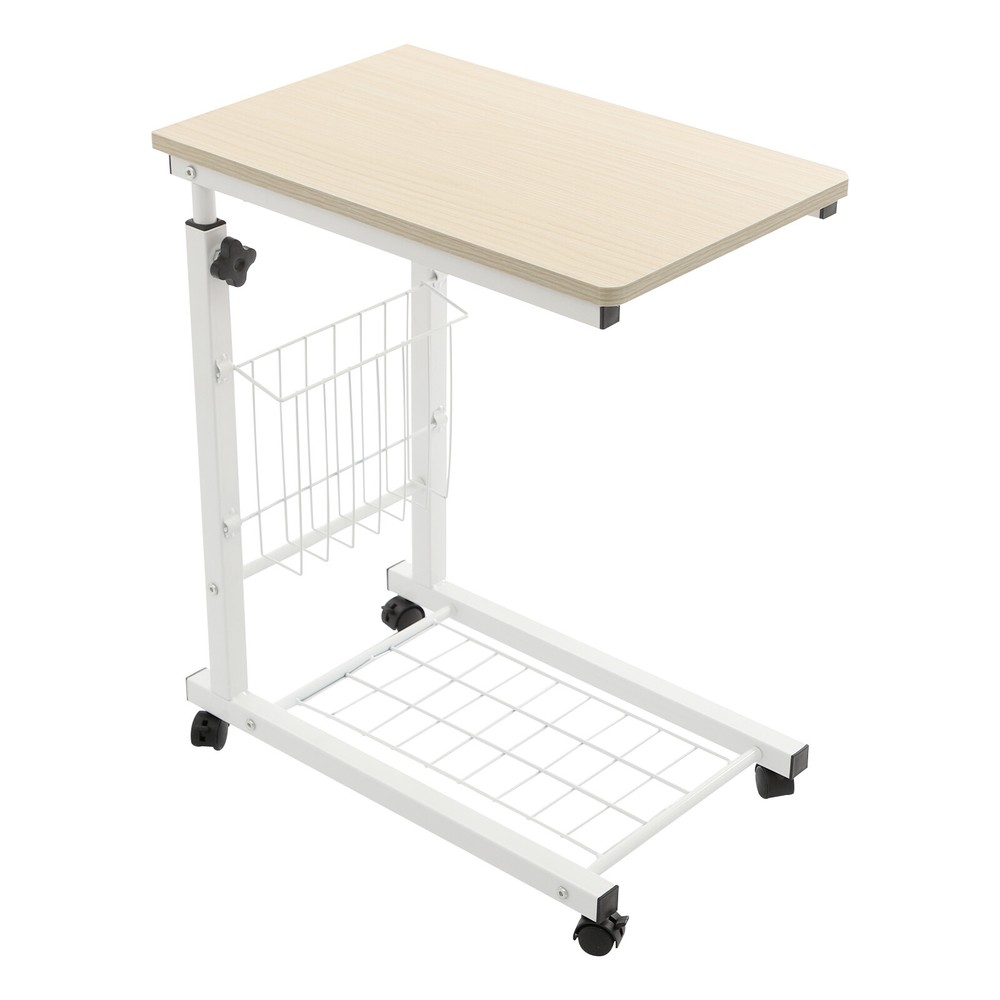 2 Tiers Adjustable Bed Side Table Thickened Mobile Standalone Table w/ Wheels