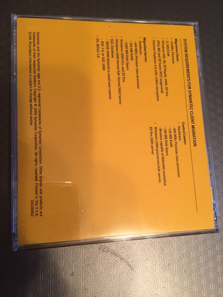 Symantec Client Migration Software, Version 3.0, 2004, PN 10228462