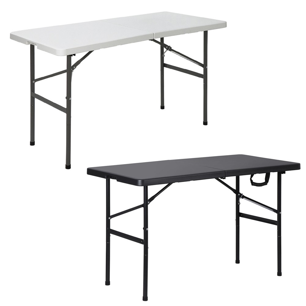 4FT Folding Camping Picnic Table w/Handle Safety Lock Fold-in-Half White/Black