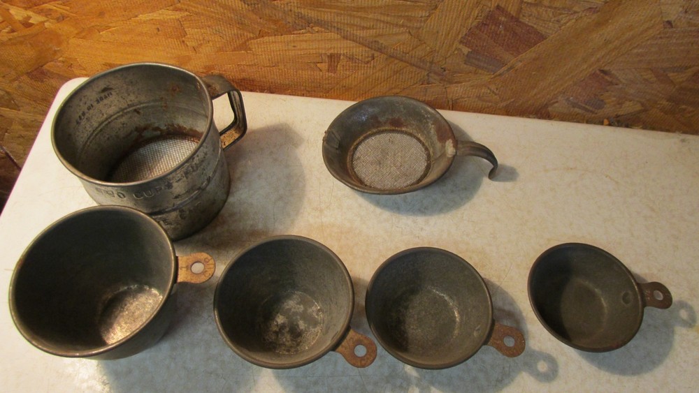 3 Old Tin Kitchen Items- Sifter, Strainer and Measuring Set