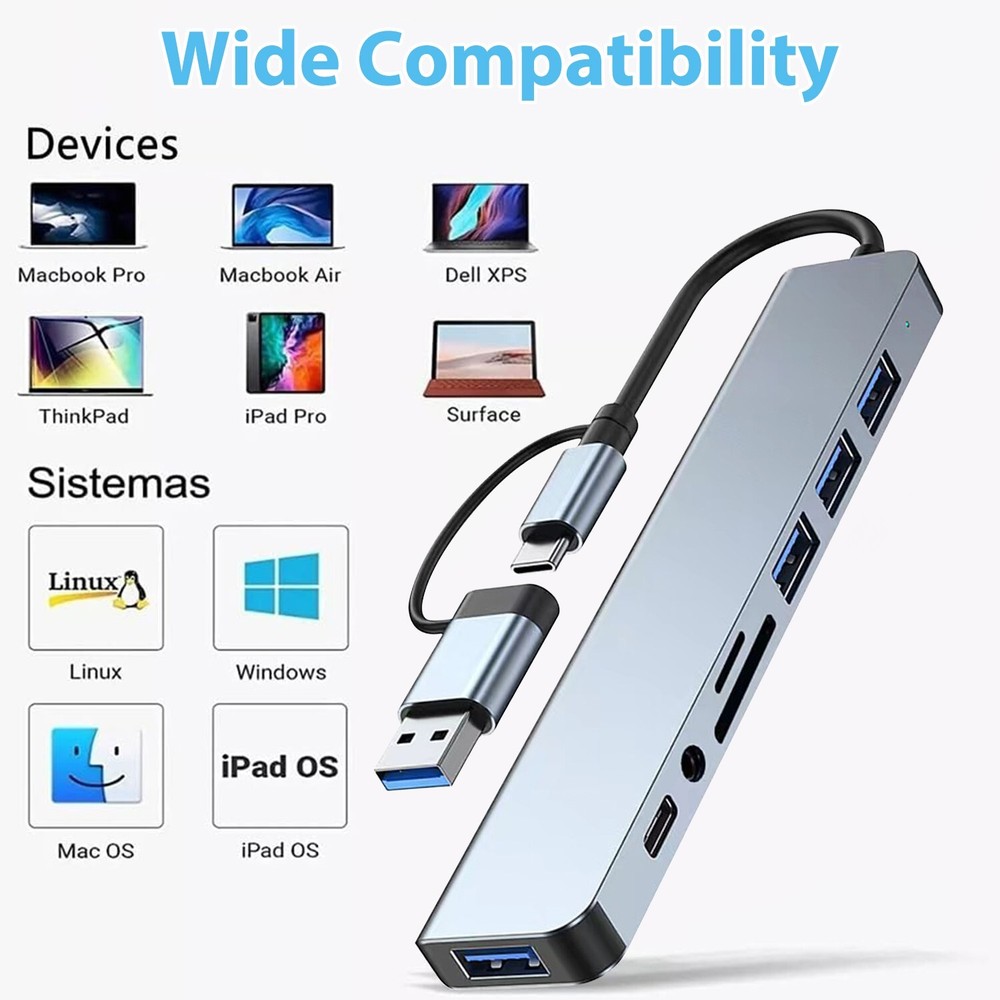 8 Port USB-C Hub Type Adapter 5G Speed Multi USB Splitter for PC Laptop Macbook