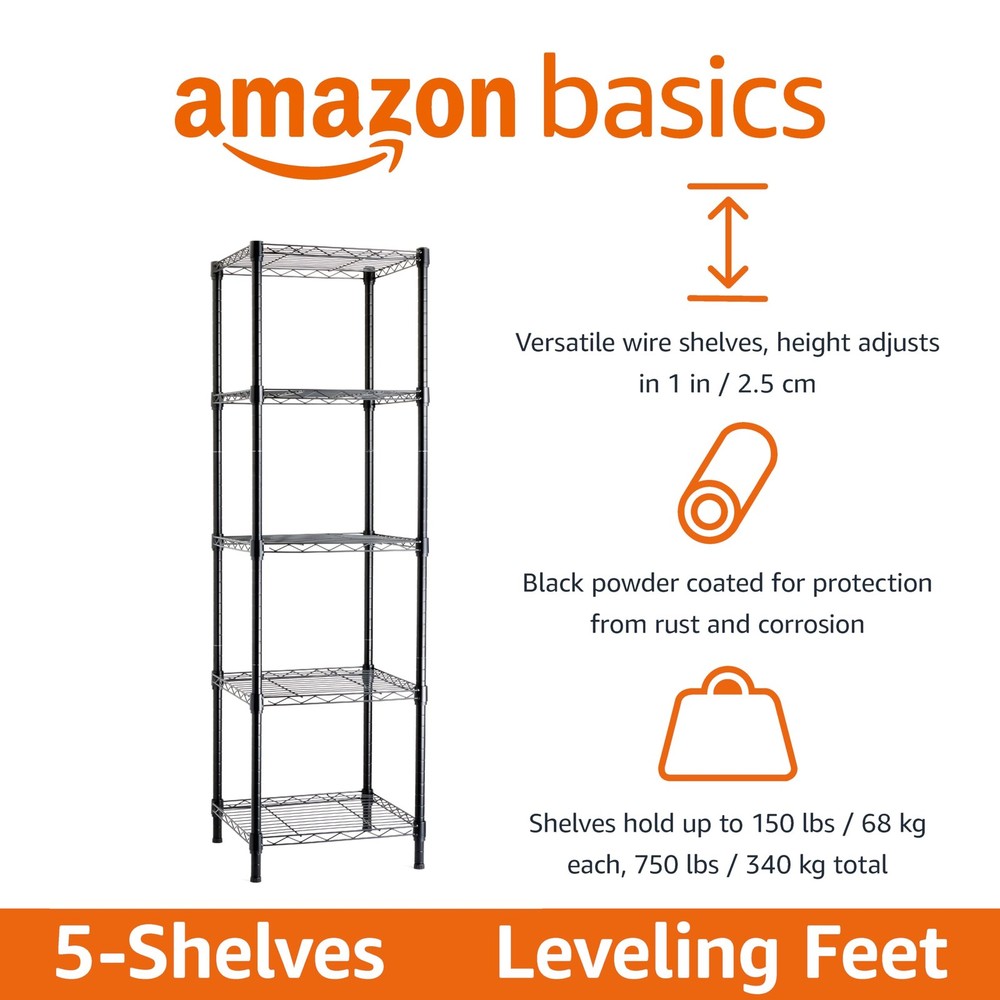 Amazon Basics 5-Shelf Tower Adjustable Storage Shelving Unit, Black, 16 D x 16 W