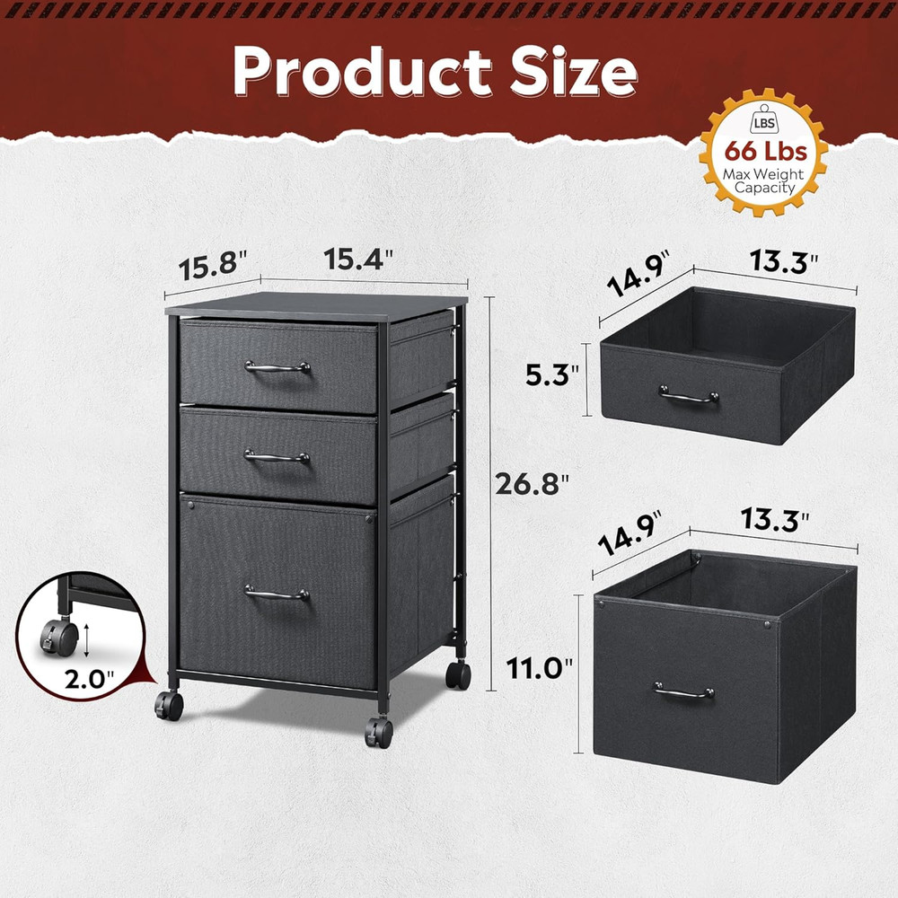 Mobile File Cabinet, Rolling Printer Stand with 3 Drawers, Fabric Vertical Filin