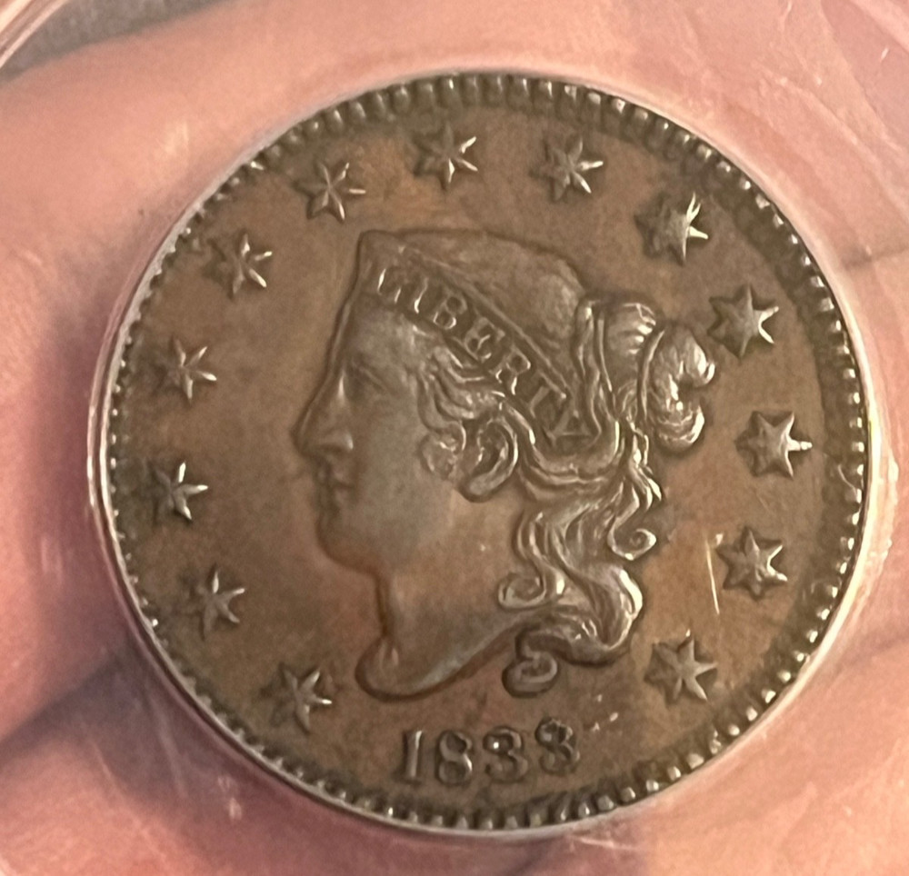 1833 Coronet Large cent , Double profile nice XF-45 better date & grade