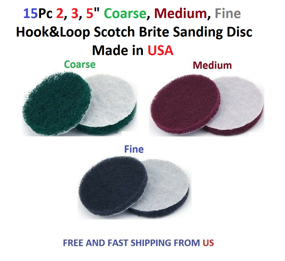 15 Pcs 2, 3, 4, 5" Coarse Medium Fine Hook & Loop Scotch Brite Sanding Discs