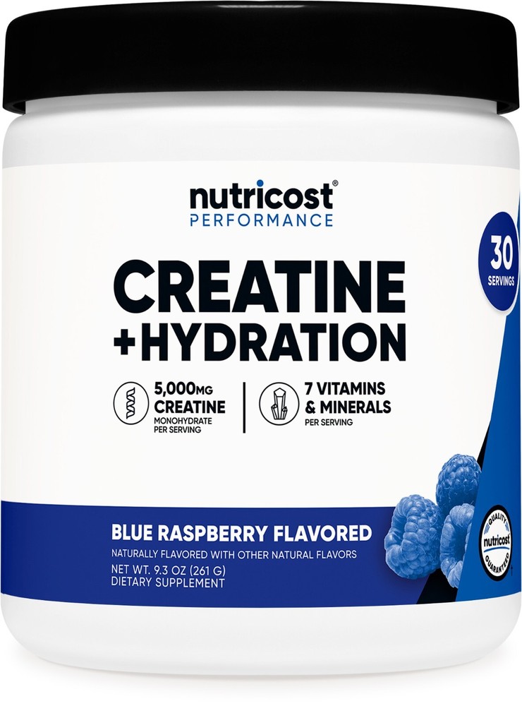 Nutricost Creatine Monohydrate + Hydration Blue Raspberry Flavored, 30 Servings