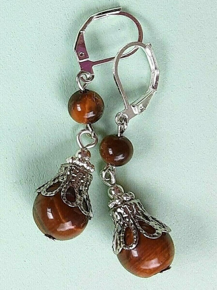 double TIGERS EYE dangle earring SP LEVERBACK artisan