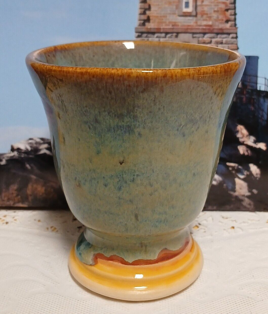 Handmade Studio Art Pottery Blue Drip Glaze Goblet