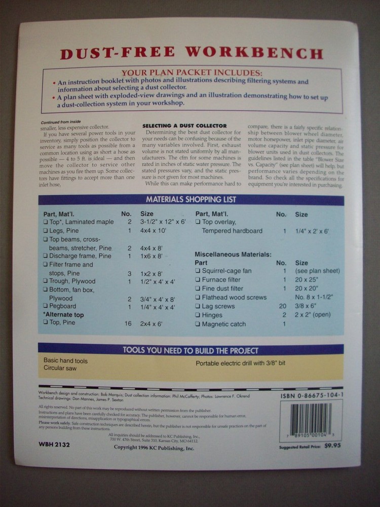 Dust Free Workbench woodworking pattern project plans