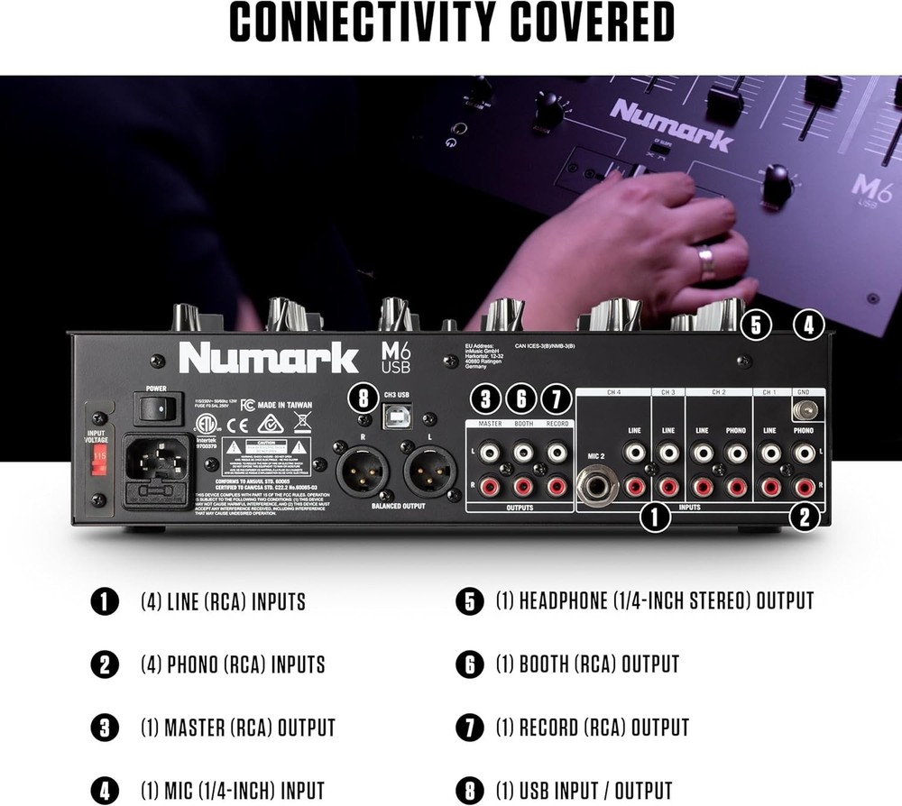 4-Channel USB DJ Mixer with Built-In Interface & Microphone Input – Silverblack