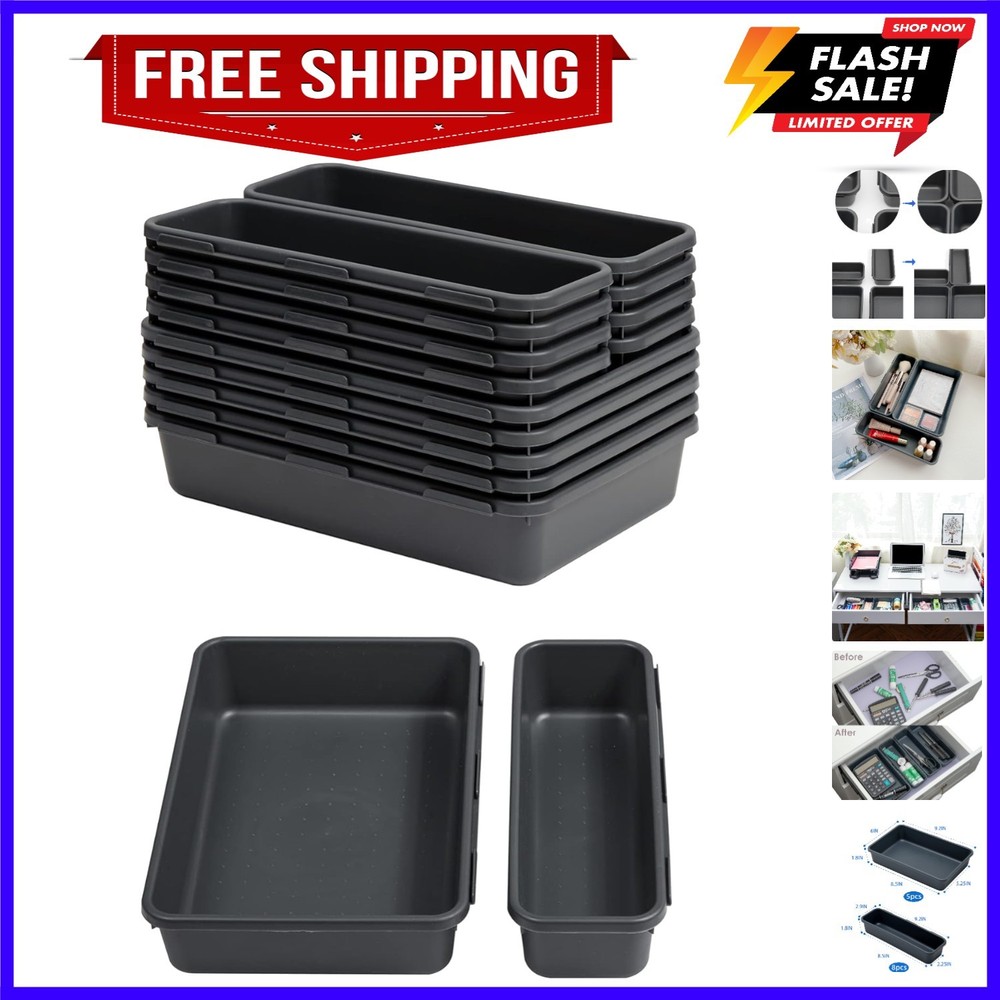 13 PCS Drawer Organizer Tray, Interlocking Office Desk Drawer Storage, Black ...