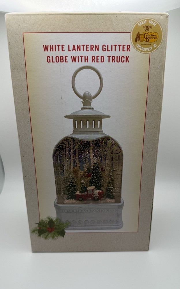 Cracker Barrel White Lantern Glitter Globe with Red Truck.