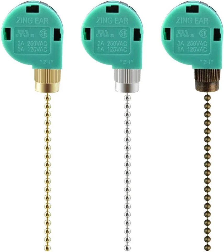 3 Pack Ceiling Fan Switch 3 Speed 4 Wire Zing Ear ZE-268S6 Fan Pull Chain Switch