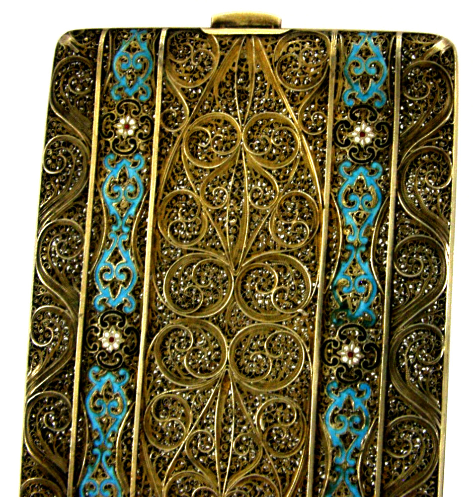 STUNNING SPANISH SOLID SILVER GILT ENAMEL FILIGREE CHEROOT / CARD CASE c1920