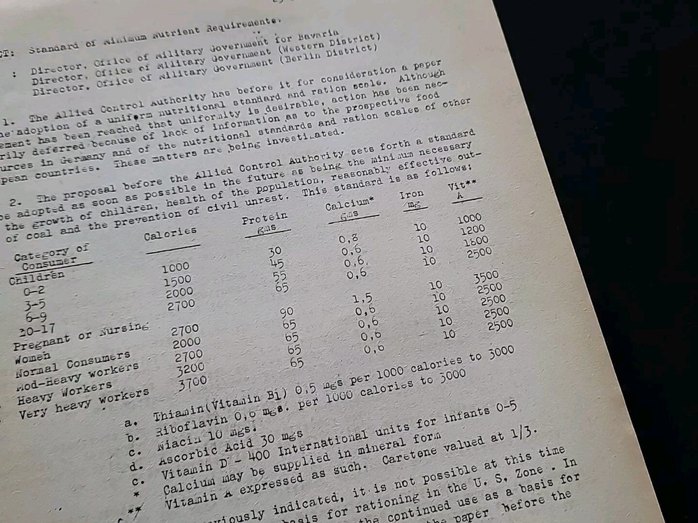 1945 Germany WWII US Army War Military Document Minimum Nutrition Requirements